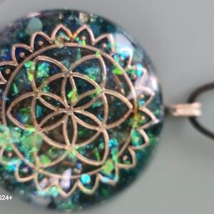 Orgone Teal-green Pendant With Vibrant Natural Gems & Inlaid Lotus Design😉